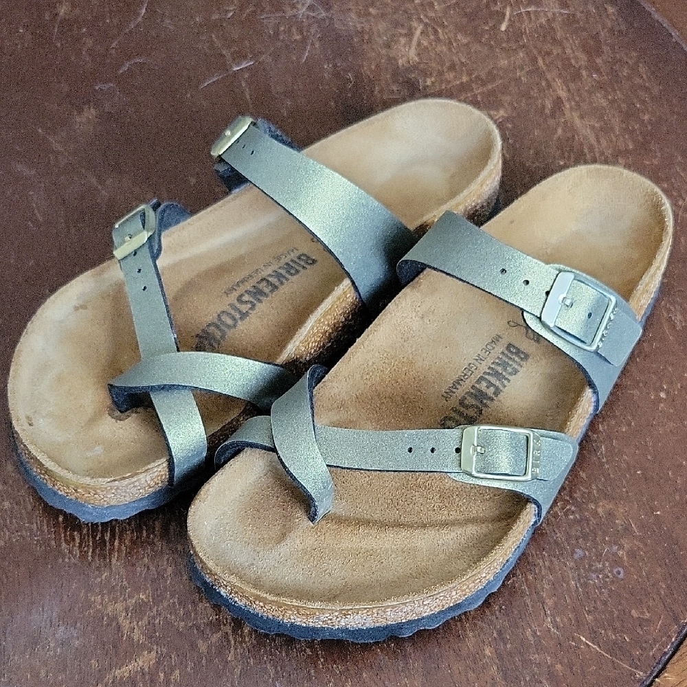 COPY - EUC Birkenstock Green - Gold Vegan Sandals with Cork Footbed